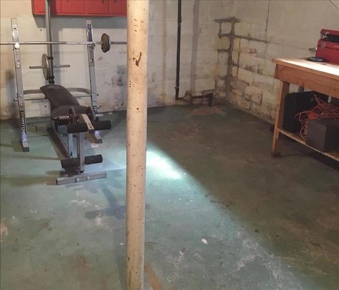 A clean basement with sanitized workout equipment and a workbench