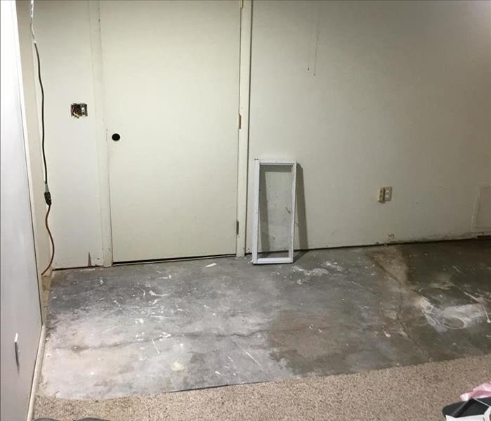 Cleaned room with removed carpet exposing dry concrete with efflorescence in front of the door and repaired wall outlet