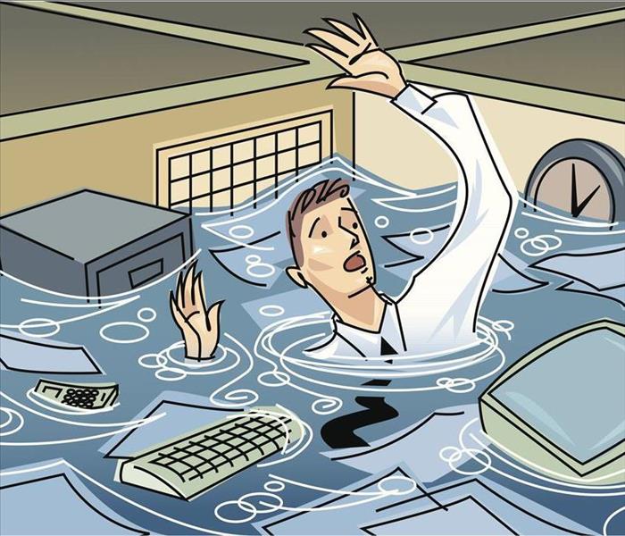 cartoon, man in flooded office