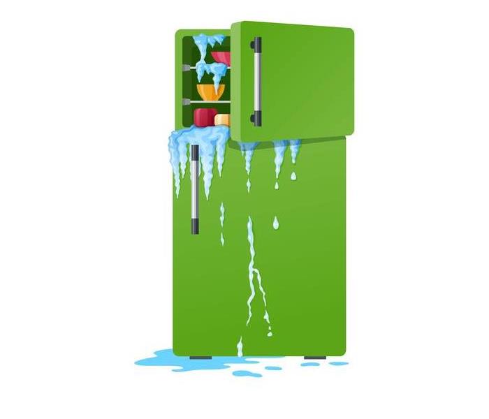 green fridge leaking water.