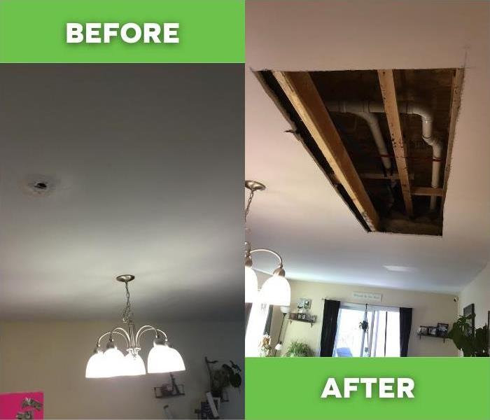 Before and after of water damage on a ceiling